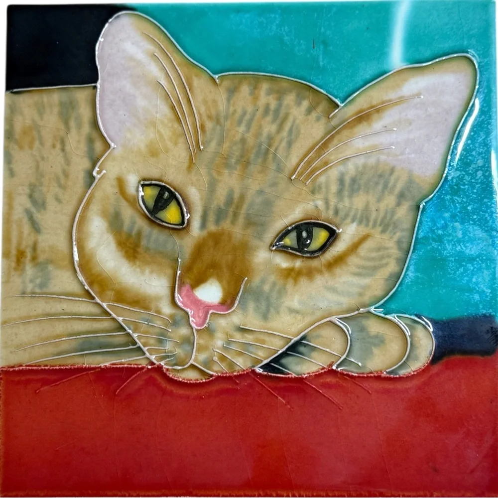 Hand-Painted Ceramic Cat Decorative Tile Wall Art Trivet Square Teal Red - Picture 1 of 3
